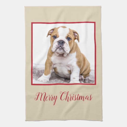 ブルドッグモダンドッグメリークリスマスホリデー写真 キッチンタオル (縦)