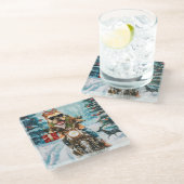 ブルドッグライディングオートバイクリスマス ガラスコースター (アングル)