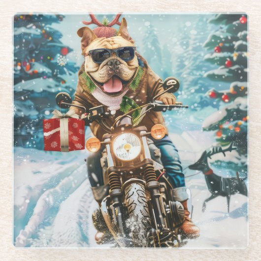 ブルドッグライディングオートバイクリスマス ガラスコースター (正面)