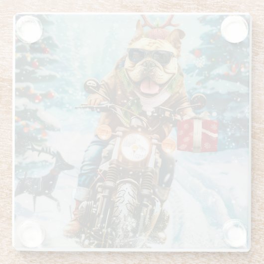 ブルドッグライディングオートバイクリスマス ガラスコースター (裏面)