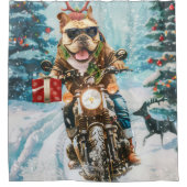 ブルドッグライディングオートバイクリスマス シャワーカーテン (正面)