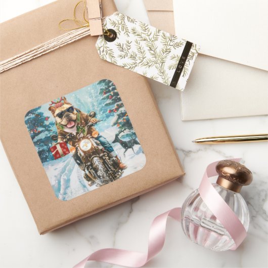 ブルドッグライディングオートバイクリスマス スクエアシール (ギフト)