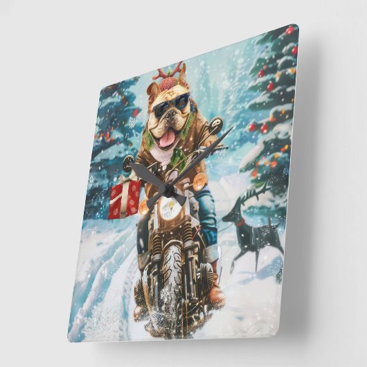 ブルドッグライディングオートバイクリスマス スクエア壁時計 (傾斜)