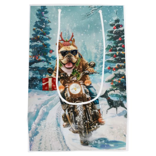 ブルドッグライディングオートバイクリスマス ミディアムペーパーバッグ (裏面)
