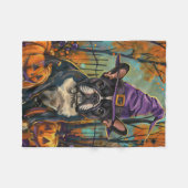 ブルドッグ不気味フランスのハロウィーン魔女とカボチャ フリースブランケット (正面(横))