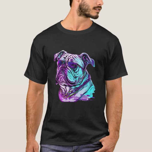 ブルドッグ合成波80sレトロウェーブエステティック tシャツ (正面)