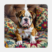 ブルドッグ子犬のパーソナライズされたクリスマス メタルオーナメント (正面)