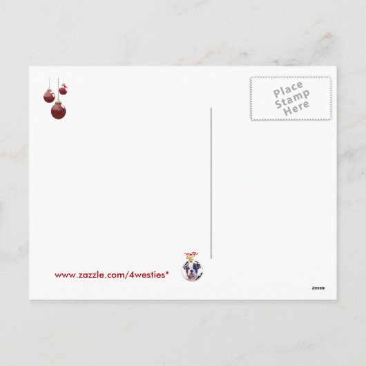 ブルドッグ子犬の暖かい暖炉のシーンのクリスマスの願い シーズンポストカード (裏面)