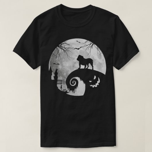 ブルドッグ犬とムーンハロウィーンの仮装ドッグ愛好家F Tシャツ (デザイン正面)