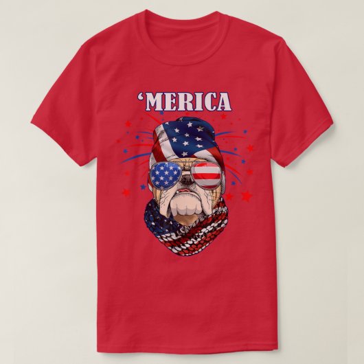 ブルドッグ犬の恋人アメリカ国旗メリカ赤白青4 Tシャツ (デザイン正面)