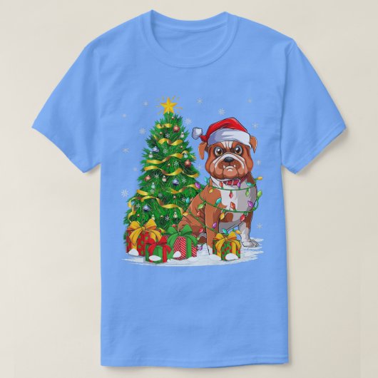 ブルドッグ犬の恋人クリスマスツリーサンタおもしろいブルドッグCh Tシャツ (デザイン正面)