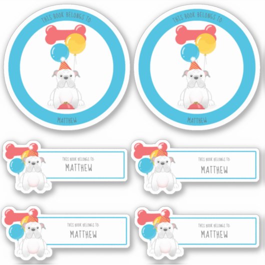 ブルドッグ誕生日パーティーこの本は次のものだ シール (正面)