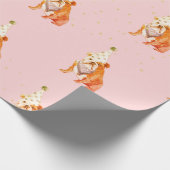 ブルドッグ誕生日ピンクパーティー帽子 ラッピングペーパー (角)