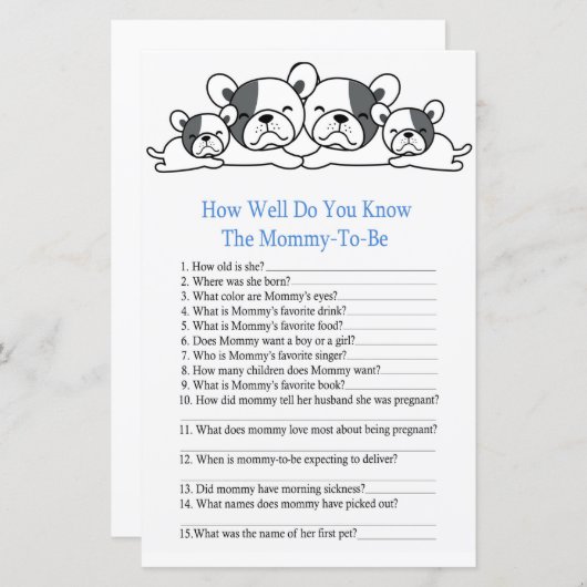 ブルドッグ赤ちゃんシャワーのゲームをどれだけ知っているか (正面/裏面)