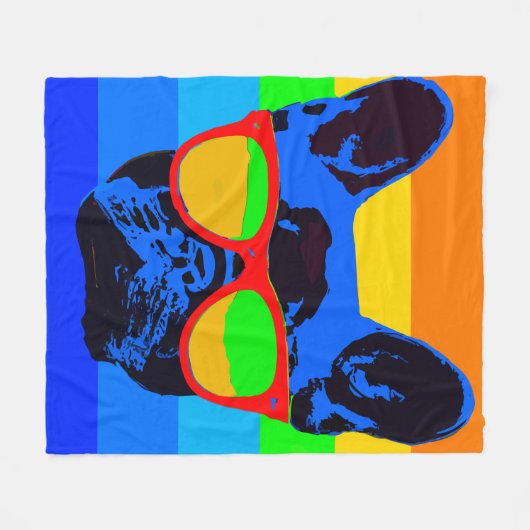 ブルドッグ鮮やかスフランスの・サングラスポップ・アートのアート フリースブランケット (正面(横))