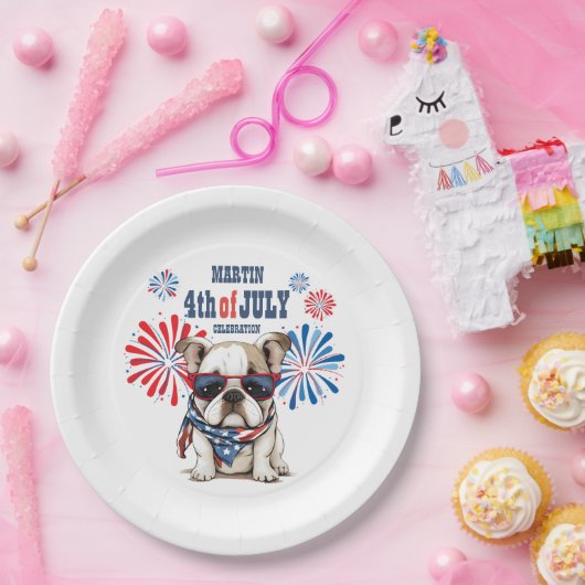 ブルドッグ4th 7月の独立記念日赤白青 ペーパープレート (パーティー)