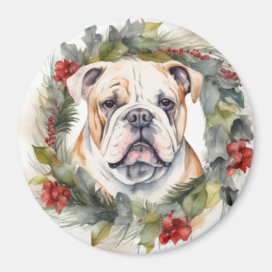 ブルドッグ クリスマスリース 楽しい犬 マグネット (正面)