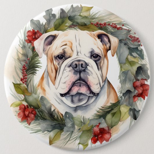 ブルドッグ クリスマスリース 楽しい犬 缶バッジ (正面)