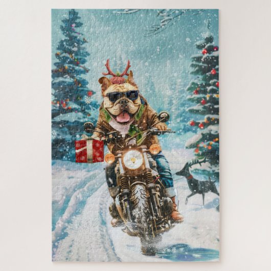 ブルドッグ バイクに乗る クリスマス ジグソーパズル (縦)