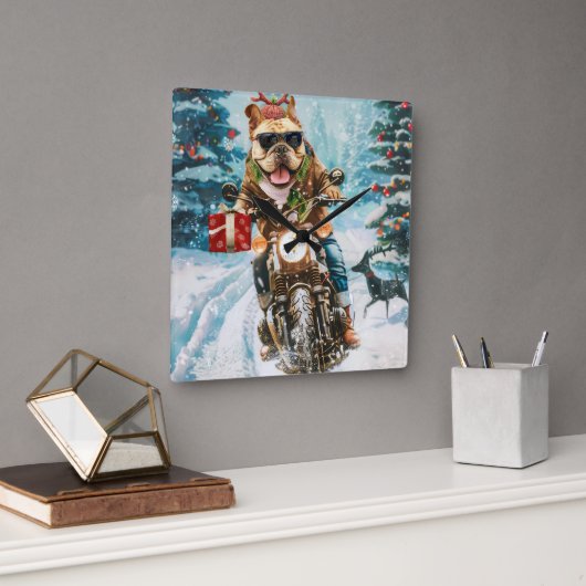 ブルドッグ バイクに乗る クリスマス スクエア壁時計 (オフィス)