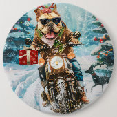 ブルドッグ バイクに乗る クリスマス 缶バッジ (正面)