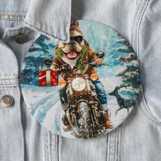 ブルドッグ バイクに乗る クリスマス 缶バッジ (インサイチュ)