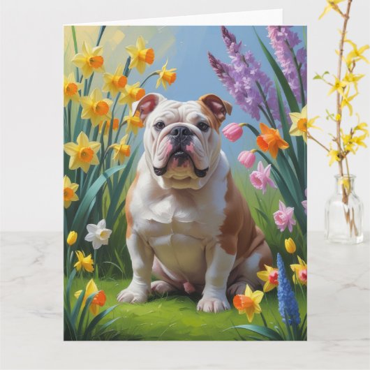 ブルドッグ 春の花の絵画 カード (黄色い花)