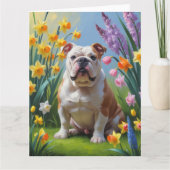 ブルドッグ 春の花の絵画 カード (正面)