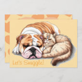 ブルドッグ 犬 猫 抱きしめて ハートの ホリデー カード (正面/裏面)