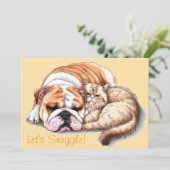 ブルドッグ 犬 猫 抱きしめて ハートの ホリデー カード (スタンド正面)