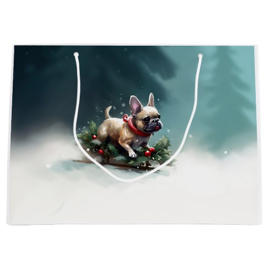 ブルドッフランスのグクリスマスの冬 ラージペーパーバッグ (正面)