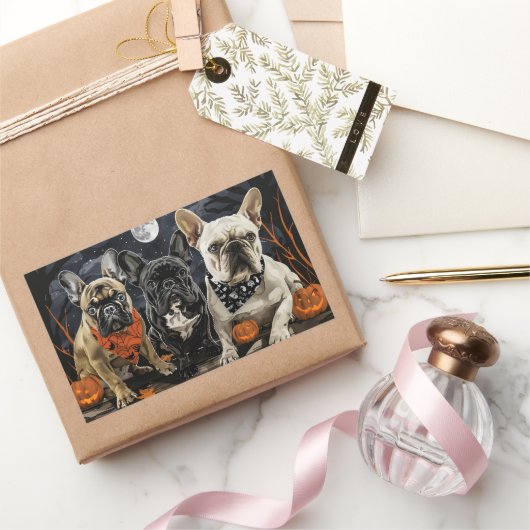 ブルドッフランスのグハロウィン不気味 長方形シール (ギフト)