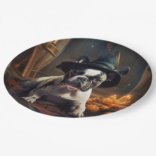 ブルドッフランスのグパンプキンハロウィーン怖い ペーパープレート (アングル)