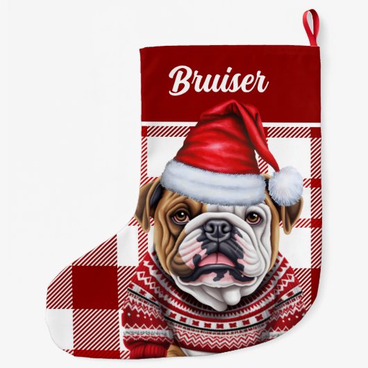 ブルドッ赤と白グプライパーソナライズされたド ラージクリスマスストッキング (裏面)
