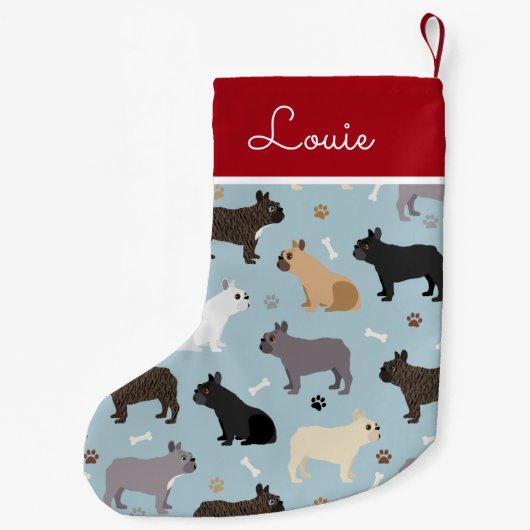 ブルドフランスのッグの骨と前足の青 スモールクリスマスストッキング (裏面)