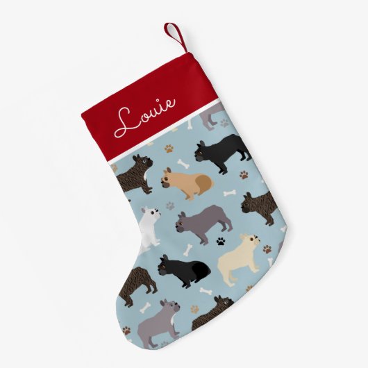 ブルドフランスのッグの骨と前足の青 スモールクリスマスストッキング (裏面 (吊り時))