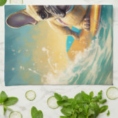 ブルドフランスのッグビーチサーフィン絵画ズ キッチンタオル (折り畳み)