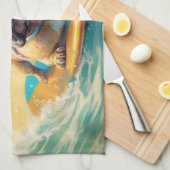 ブルドフランスのッグビーチサーフィン絵画ズ キッチンタオル (四つ折り)