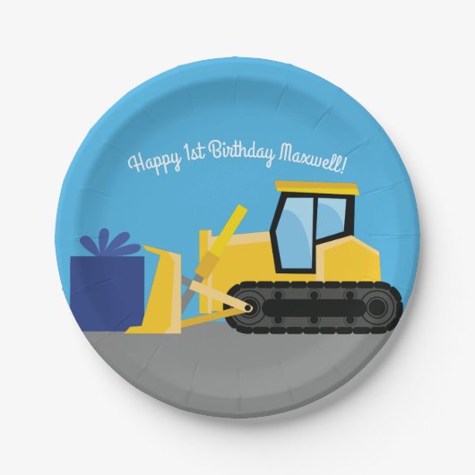 ブルドーザーかわいい1st誕生日パーティー建築 ペーパープレート (正面)
