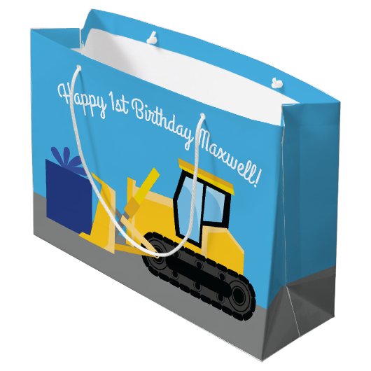 ブルドーザーかわいい1st誕生日パーティー建築 ラージペーパーバッグ (裏面アングル)