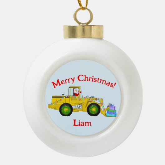 ブルドーザーでクリスマス・サンタを祝ってプレゼント セラミックボールオーナメント (正面)