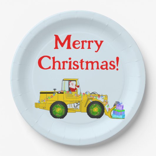 ブルドーザーでクリスマス・サンタを祝ってプレゼント ペーパープレート (正面)