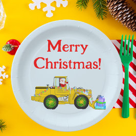 ブルドーザーでプレゼントを配るサンタクロース メリークリスマス ペーパープレート
