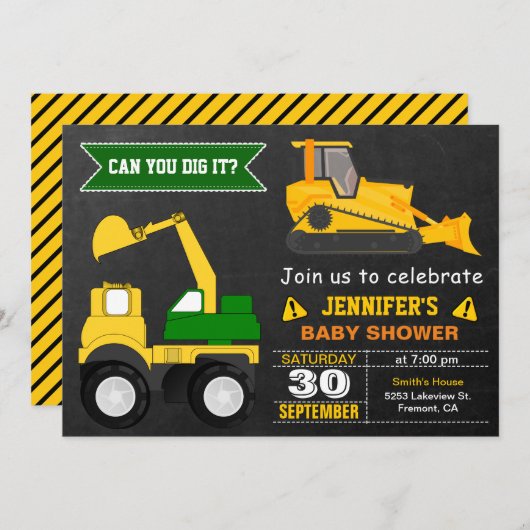 ブルドーザーの建築のベビーシャワー 招待状 (正面/裏面)