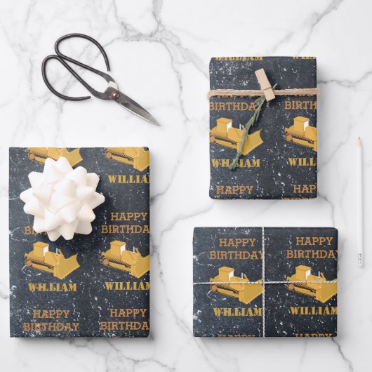 ブルドーザー建築トラック誕生日ボーイ ラッピングペーパーシート (正面)