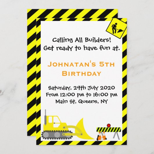 ブルドーザー建築誕生日招待状 招待状 (正面/裏面)