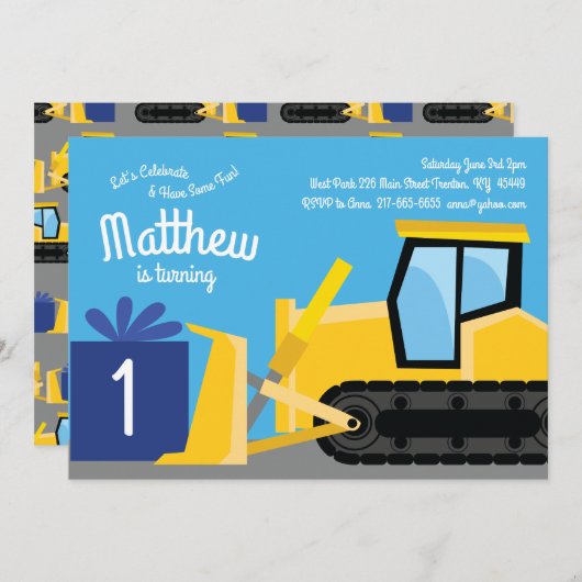 ブルドーザー1st誕生日招待状 招待状 (正面/裏面)