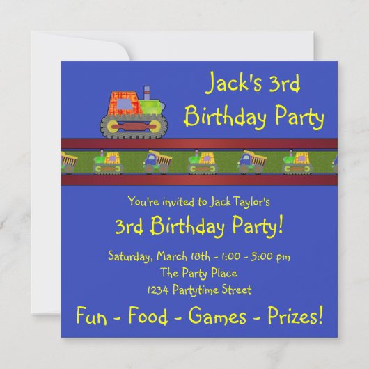 ブルドーザー3歳の誕生日パーティーの招待状 招待状 (正面)
