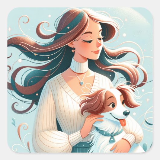 ブルネットお洒落&カバリエールキングチャールズスパニエル犬 スクエアシール (正面)