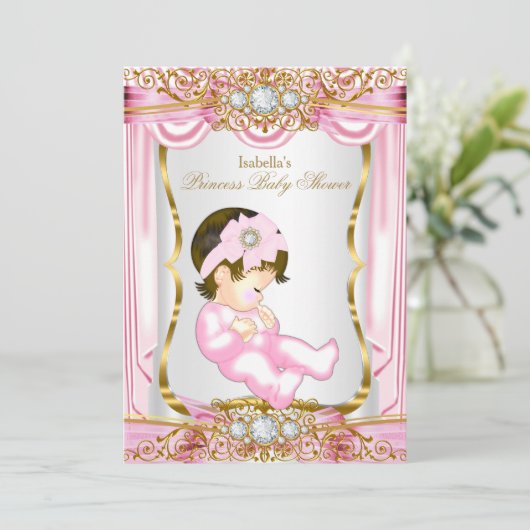 ブルネットかわいらしプリンセスベビーシャワーピンクシルク 招待状 (スタンド正面)